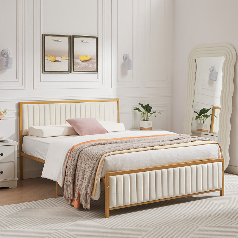 Cadre de lit plateforme moderne avec tête de lit Rafead, Double, Beige / or