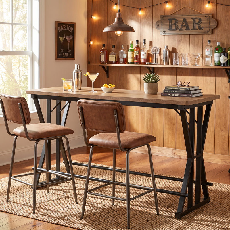 Table de bar de 160 cm de long avec pieds en X en métal, table de bar haute de style industriel avec repose-pieds pour bar à domicile, cuisine, sous-sol