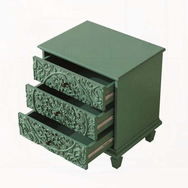 Table de chevet en bois sculpté avec 3 tiroirs, commode décorative en relief à volutes rétro, table de bout d'armoire de rangement pour le salon de la chambre à coucher, vert