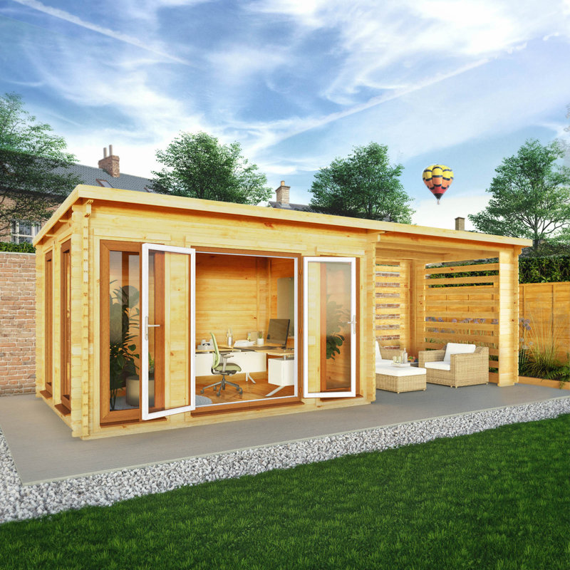 23ft x 10ft Studio Pent Log Cabin With Slatted Area With UPVC Windows & Doors (44mm), Oak/Natural Timber