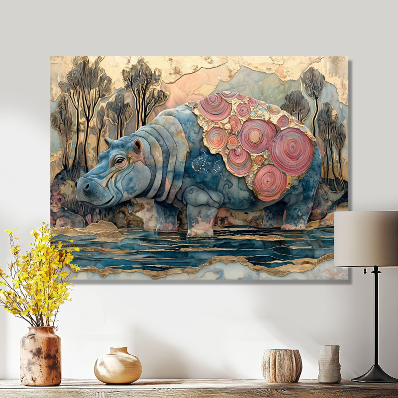 Hippopotame abstrait sérénité en Afrique II - Hippopotame mural, H 16 po x l 32 po, Toile tendue, Ne s’applique pas