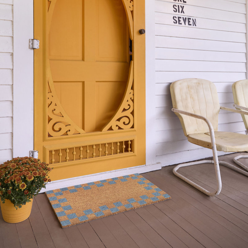 Checkerboard Border Blue Geometric Doormat
