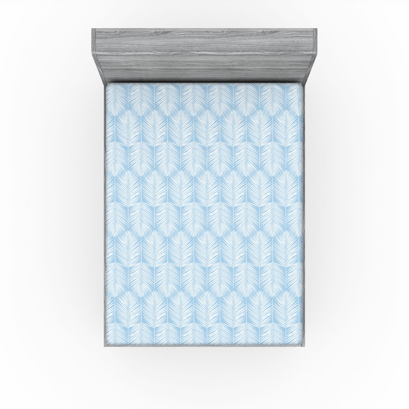Palm Leaf Fitted Sheet, California King Fitted Sheet, Pale Blue White
