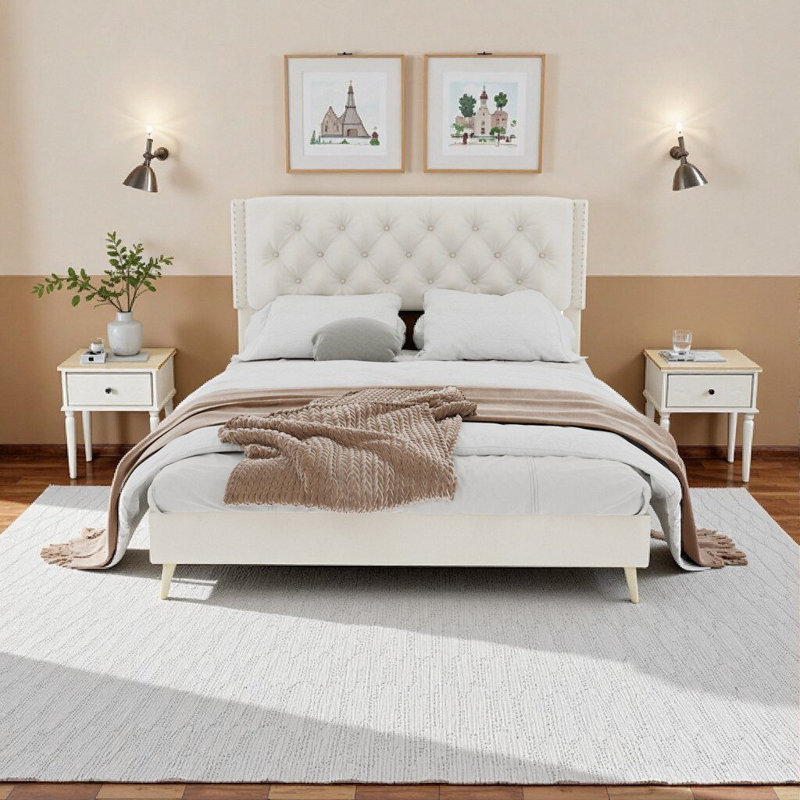 Grand lit luxueux rembourré en velours - beige, doux et robuste pour des nuits douillettes, Beige