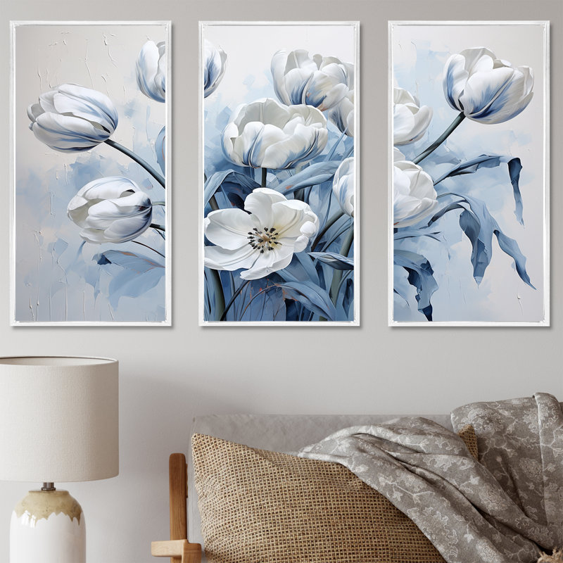 Minimalisme, tulipes bleues et blanches Brushstrokes - ensemble d'art sur toile, Cadre flottant blanc