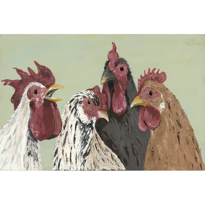 Four Roosters - Painting,  271 cm H x 122 cm W, Black Floater Frame