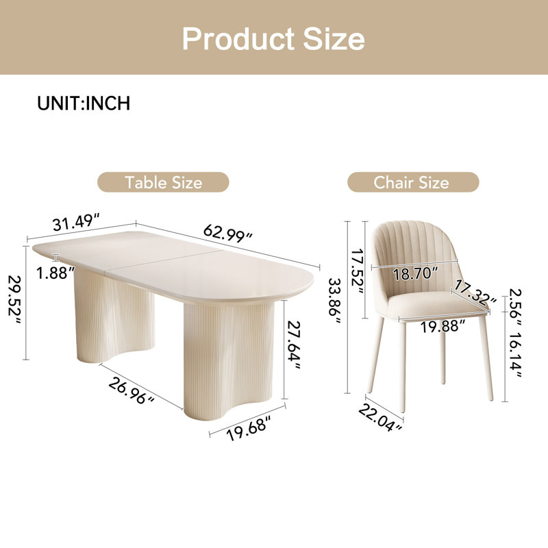Pearlena 62.99" Modern Rectangle Cream White Dining Table Set with 6 Chairs for Kitchen, Bar, Living Room