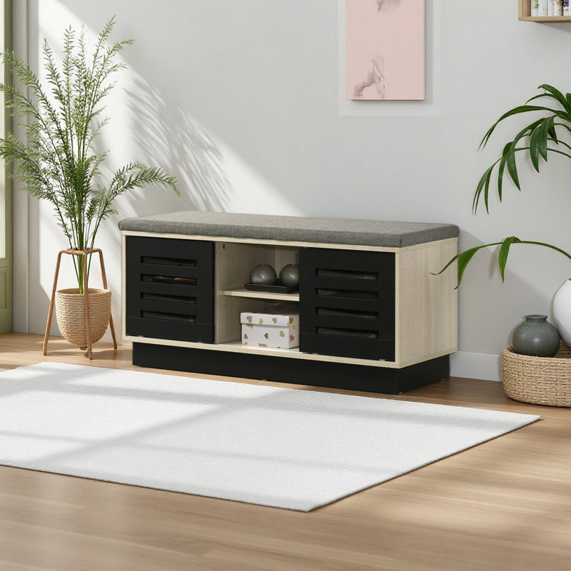 38.5"W Oak Finish Shoe Cabinet With Sliding Doors, Upholstered Top