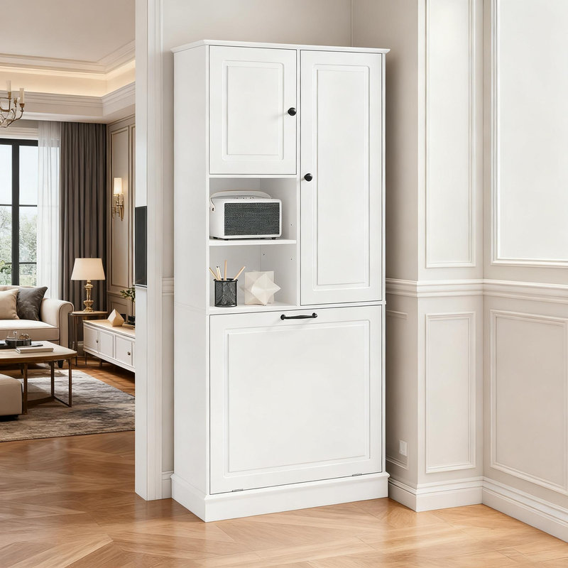 Armoire de rangement autoportante de 67,7 po de hauteur avec panier rabattable, tablettes réglables et 2 portes, Blanc