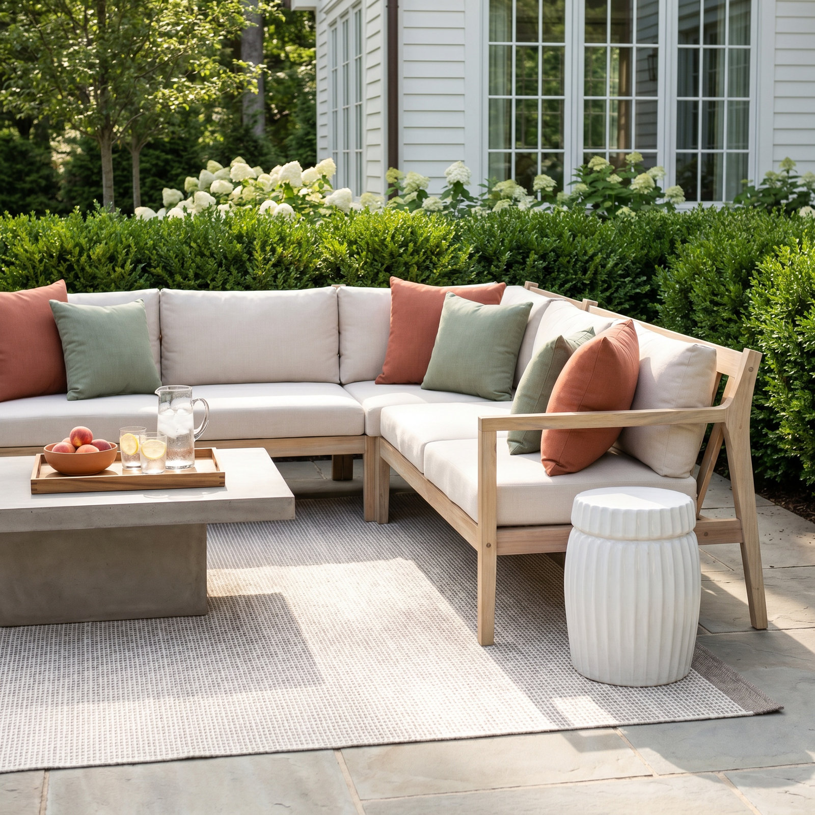 Amina 54" Acacia Patio Sectional, Antique Beige Sunbrella® Canvas