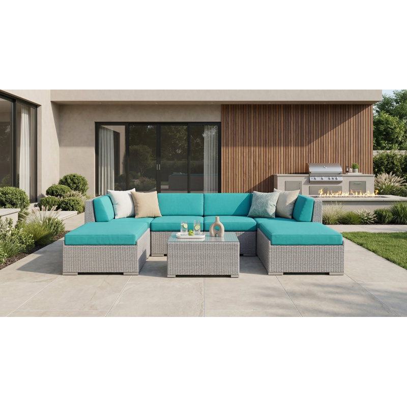 Billyjo Wicker 4 - Person Seating Group with Cushions - No Assembly, Supercrylic Turquoise, Gray