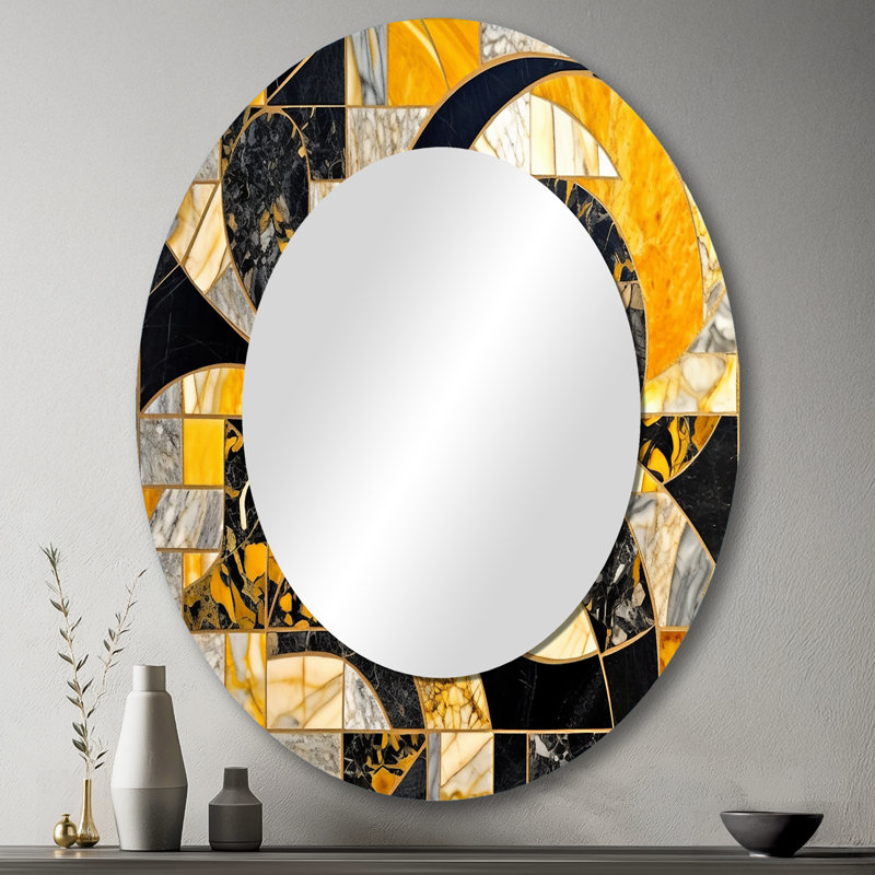 Gold And Black In Motion II - Abstract Oval Decorative Mirror On Metal, 43" x 33"
