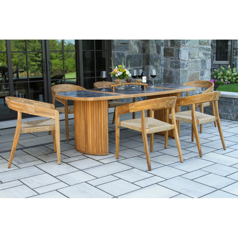 7 Pc. Teak & Wicker Oval Dining Set With Orobico Stone Top, Tan/Natural, Gray