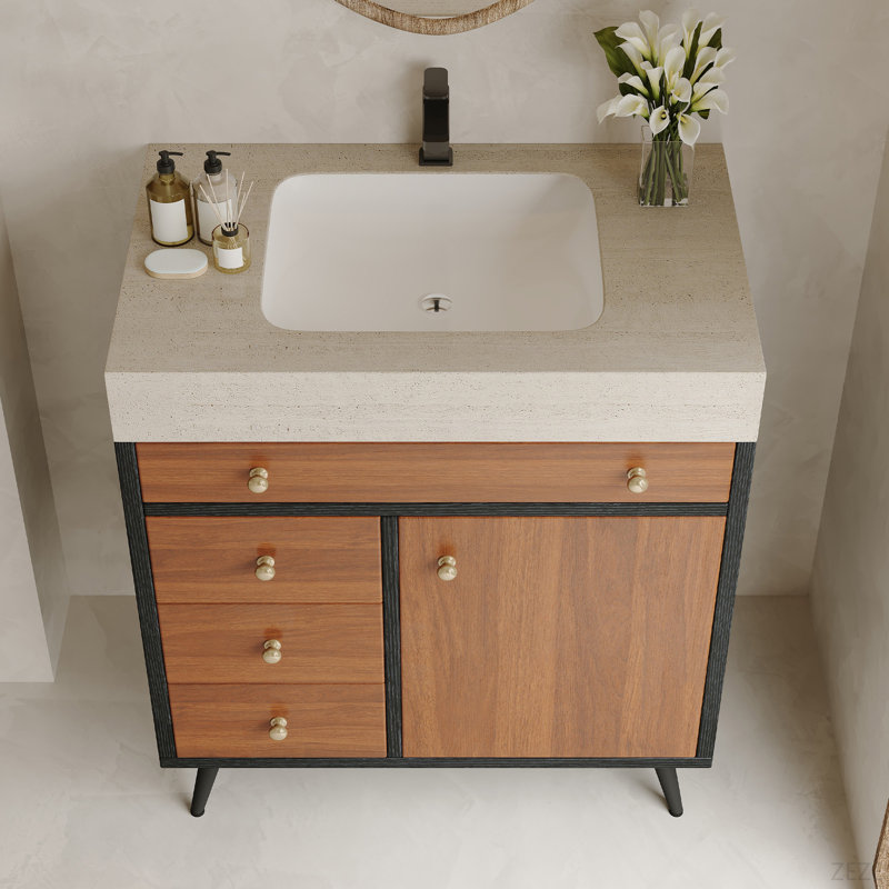 Meuble-lavabo moderne autoportant avec lavabo en céramique et plateau en pierre frittée, Blanc