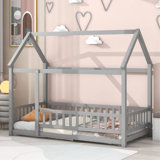 Thendara Floor Bed Frame, Wooden Platform Bed with House Roof Frame and Fence Guardrails