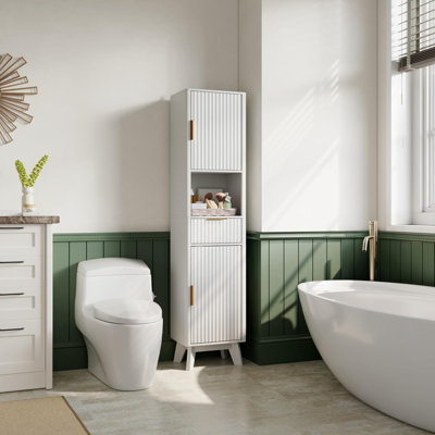67" Tall Narrow Bathroom Storage Cabinet, Freestanding Floor Cabinet with 2 Doors, Drawer & Adjustable Shelves, Metal Standing Pantry Cupboard for Bathroom, Kitchen, Living Room, Dining Room