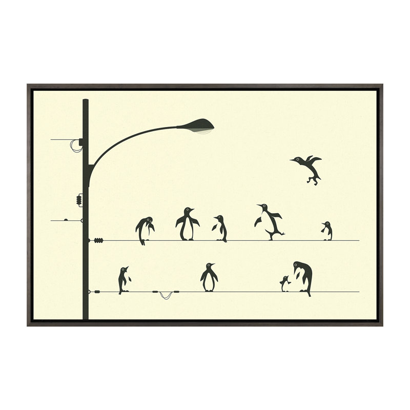 «Penguins on a Wire», art encadré, H 40 po x l 60 po x P 1,5 po, Dark Rustic Wood Framed Canvas