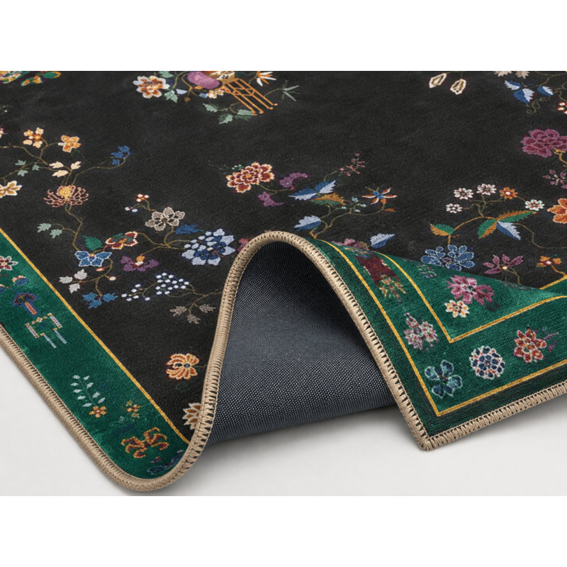 Tapis décoratif noir à motif floral noir, Rectangle 5 pi 2 po x 7 pi 7 po
