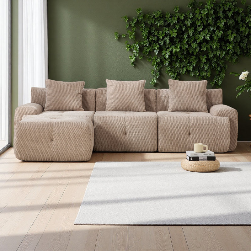 104.3" 4-Piece L Shaped Upholstered Modular Sectional Sofa, Oversized 3-Seater Boneless Convertible Cloud Tufted Couch Set With Deep Seat & Movable Ottoman 3 Pillows