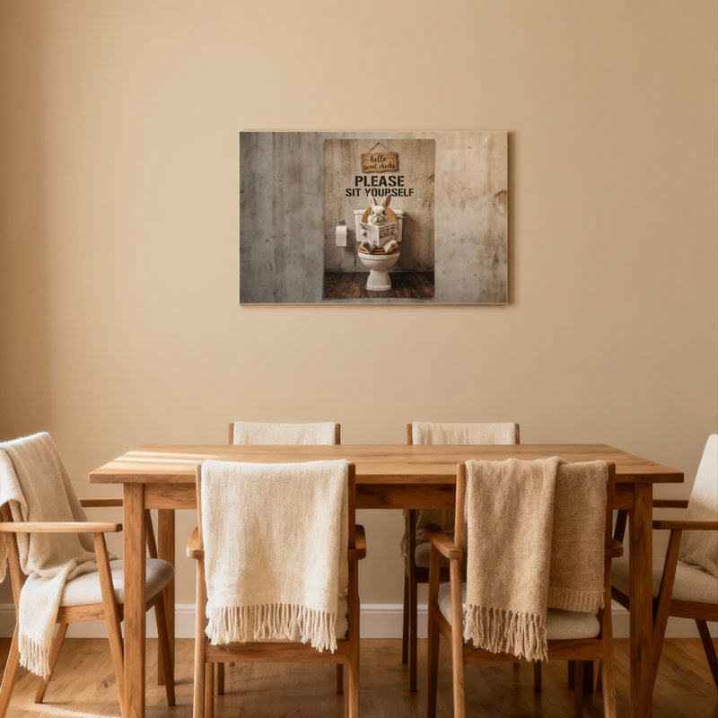 Décoration murale en toile tendue représentant un lapin lisant le journal sur les toilettes avec une pancarte « Bonjour, bonnes joues » (1 pièce)