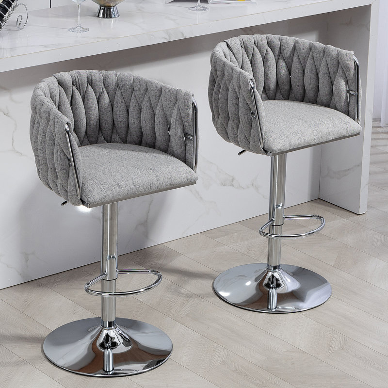 Ensemble de 2 tabourets de bar pivotants à 360 ° avec housse en tissu, chaises de bar réglables à hauteur de comptoir avec dossier et repose-pieds tissés, tabourets de bar chromés argentés pour îlot de cuisine, café, pub