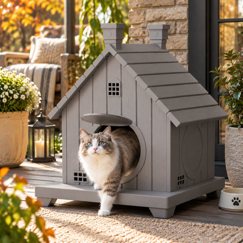 38.88"H Two-Storey  Resin Cat House With Escape Door(Light Brown/Grey), 30.88" H x 20.74" L x 25.54" W, Light Brown (Grey)