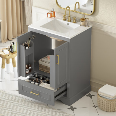 Meuble-lavabo 24 po avec lavabo en céramique, tiroir divisé et tablettes à double porte - structure en bois massif, rangement autoportant pour les petites salles de bain