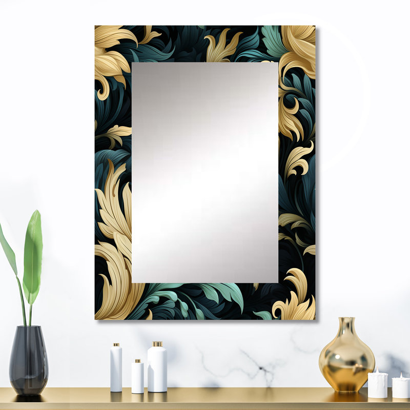 Sherran damassé noire et dorée calligraphie fleurie - miroir damassé, miroir mural unique damassé, impression sur métal