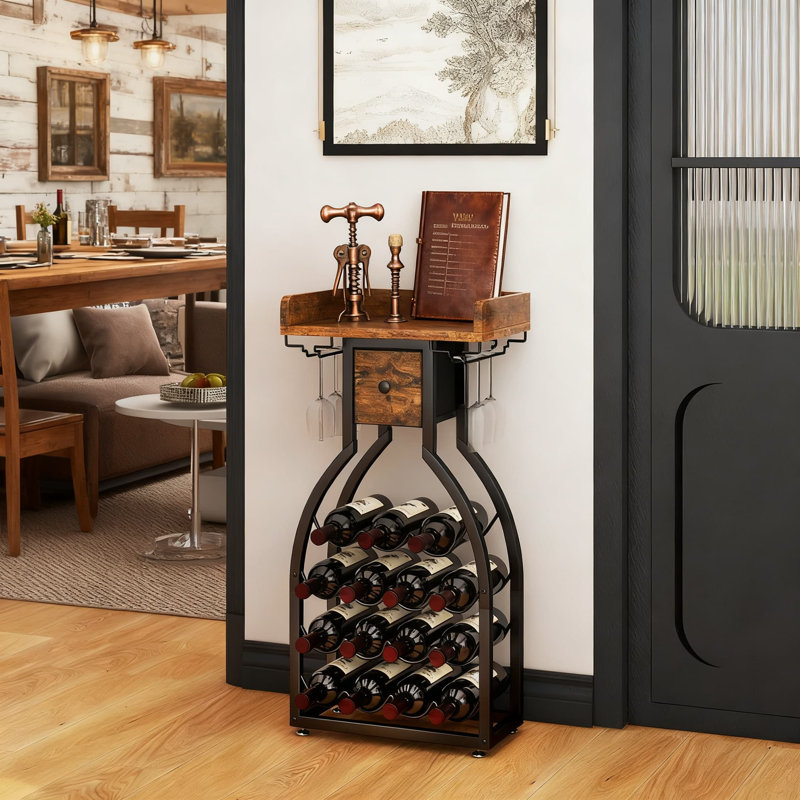 Support à vin autoportant avec tiroir de rangement et porte-verres, armoire à vin au sol d'une capacité de 15 bouteilles pour le bar, la cuisine et la salle à manger