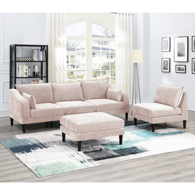 5Pcs Living Room Sectional In Blush Pink, With & Chairs, Soft Cushions , Pink Modern Look