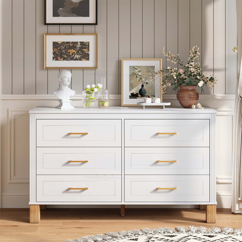6-Drawer Storage Cabinet with Metal Handles and Wood Legs, White