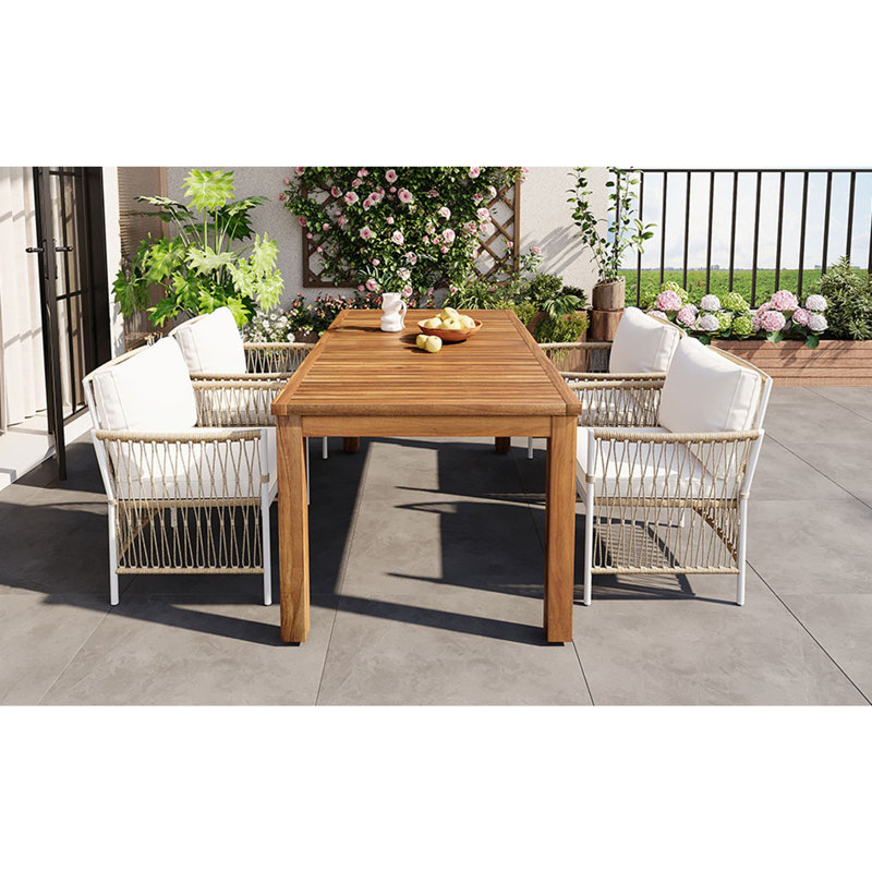 Ensemble de table de salle à manger en bois pour patio de 5 pièces, table rectangulaire d'extérieur de L 67 po avec 4 fauteuils en rotin pour piscine, jardin
