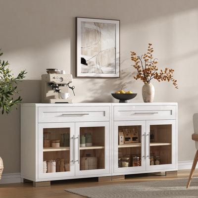 Armoire de rangement 31,5 "à porte en verre ultrabrillant avec tiroirs et pieds galvanisés, blanc