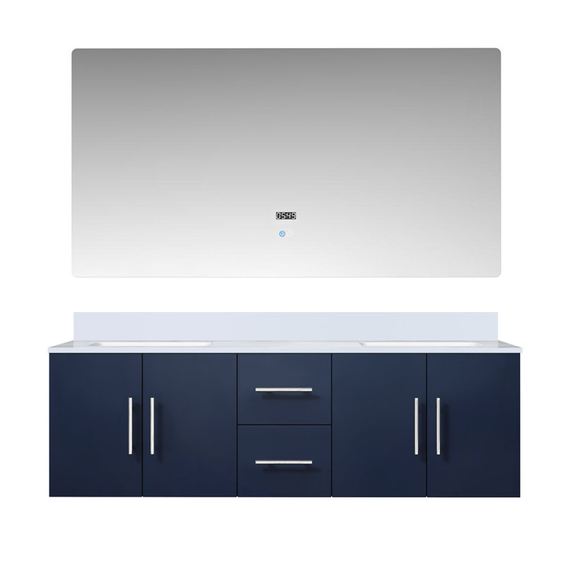 Ensemble de meuble-lavabo double mural 60 "avec miroir Geneva, Marine, Quartz blanc