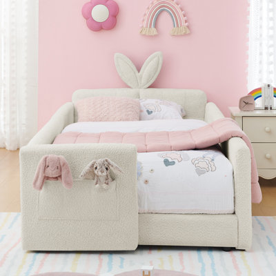 Structure de lit simple avec tête de lit à oreilles de lapin, tissu d'ameublement beige, fonction et espace de rangement pour une pièce ludique, tissu, chambre à coucher Solution