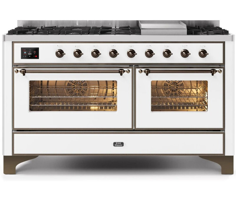 ILVE Majestic II Series 60 inch Dual Fuel Range with 9 Burners, Griddle (Glass Door), Natural Gas, White/Burnished