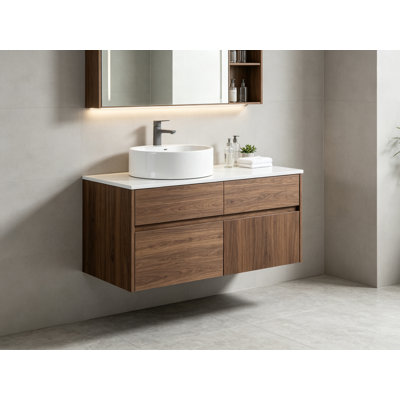 Meuble-lavabo suspendu de 81 cm (32 pouces) en contreplaqué, couleur brun foncé, avec lavabo décoratif en céramique, deux portes à fermeture douce et un tiroir pour une salle de bain moderne.