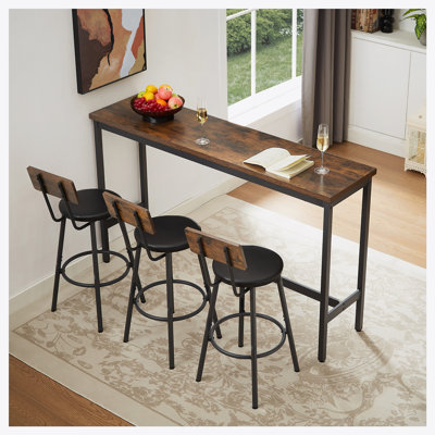 Ensemble de longue table de bar avec 3 tabourets de bar rembourrés en polyuréthane, table de bar industrielle et chaises pour table de petit-déjeuner de cuisine, salon, salle de banquet, gris rustique et noir, L 63 po x l 15,7 po x H 37,5 po