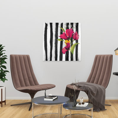 Toile florale blanche botanique - Fleurs sur rayures noires et blanches