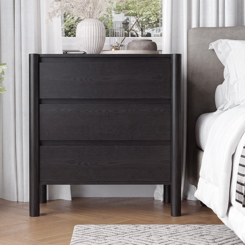 Commode 3 tiroirs avec pieds en bois massif pour chambre à coucher, salon, noir, Noir