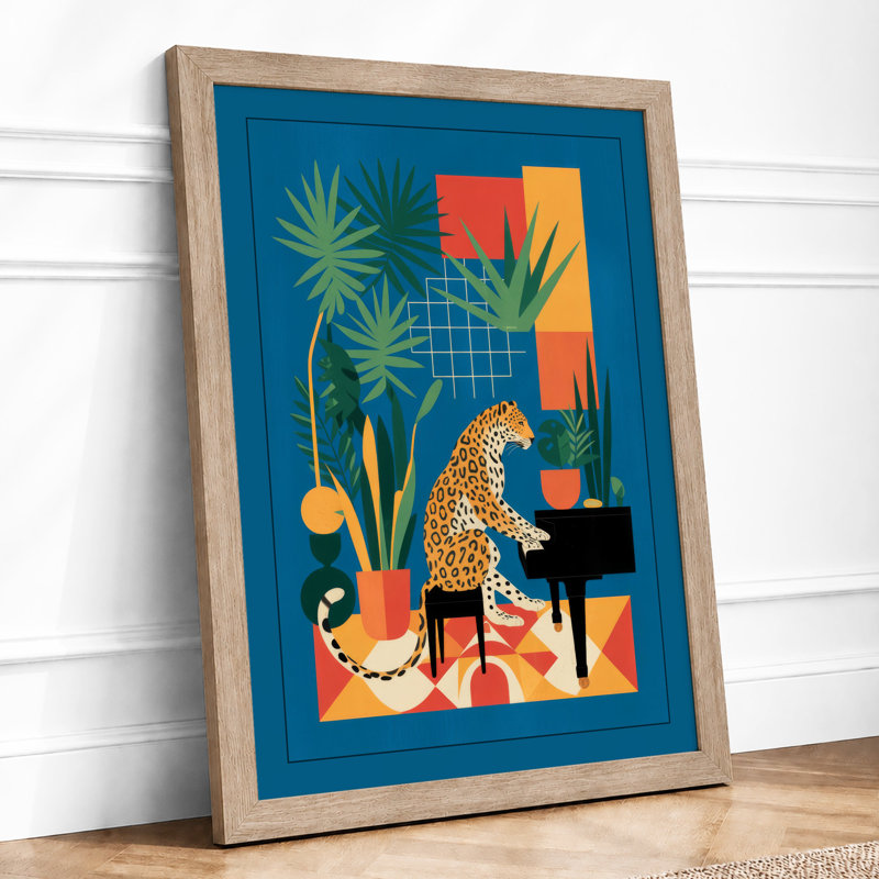 Leopard at the Piano Mid-Century - Framed Print, A3 - 42.0 x 29.7 cm, Oak
