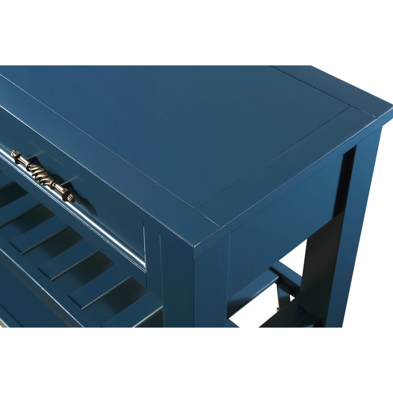 Buffet Mid-Century en bois massif avec 2 tiroirs de rangement et tablettes ouvertes, console en bleu marine pour le couloir