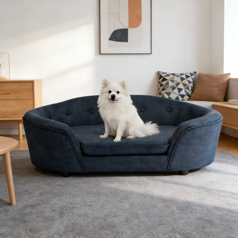 Canapé pour chien surdimensionné en lin bleu foncé avec dossier capitonné, Bleu très foncé