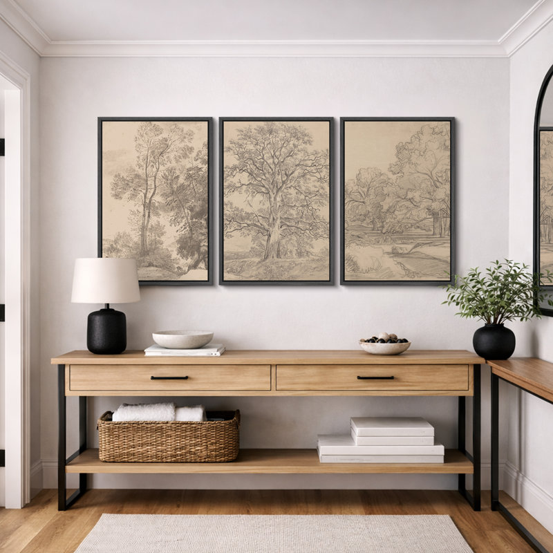 «Rustic Countryside», croquis rétro, arbre de forêt, œuvre d'art de campagne française classique neutre, impression sur toile encadrée, 3 pièces, 16 po x 24 po x 3 pièces, 24 po x 36 po x 3 pièces