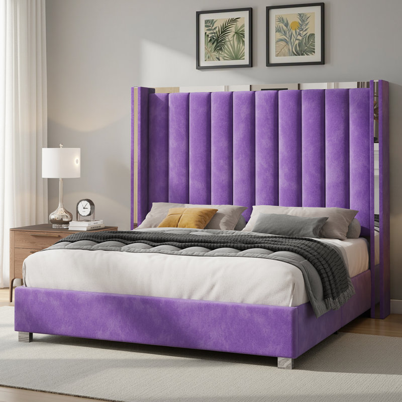 Gerasim Queen Bed Frame with 57" Tall Headboard, Velvet Upholstered Platform Bed,Purple, Purple, Queen