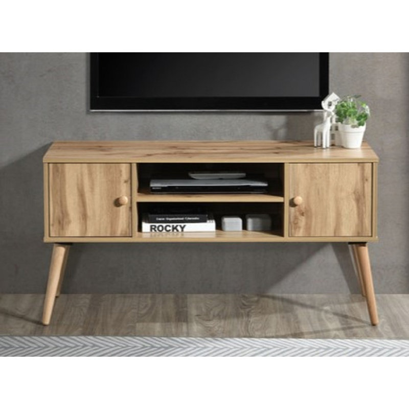 Meuble télé Mid-Century 47" (119 cm), compatible avec les téléviseurs de 50 à 55 pouces (127 à 140 cm), 2 étagères ouvertes et 2 placards, en chêne.