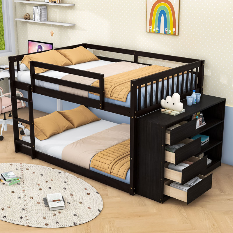 Lit superposé multifonctionnel en bois avec tiroirs et tablettes de rangement, Lit superposé double sur double, Espresso