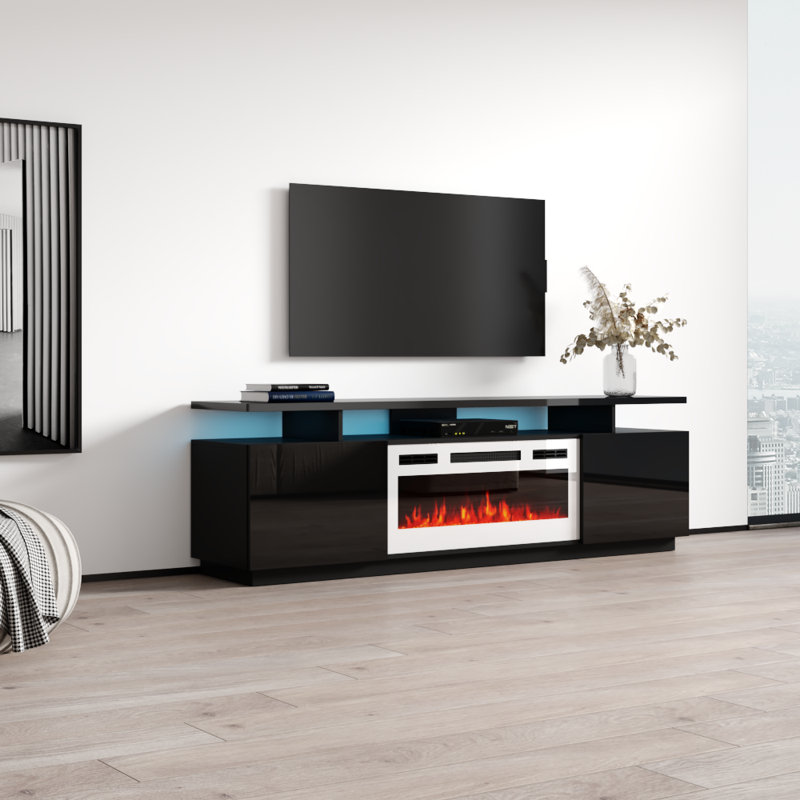 Genoveva TV Stand for TVs up to 78" with Electric Fireplace Included, Black