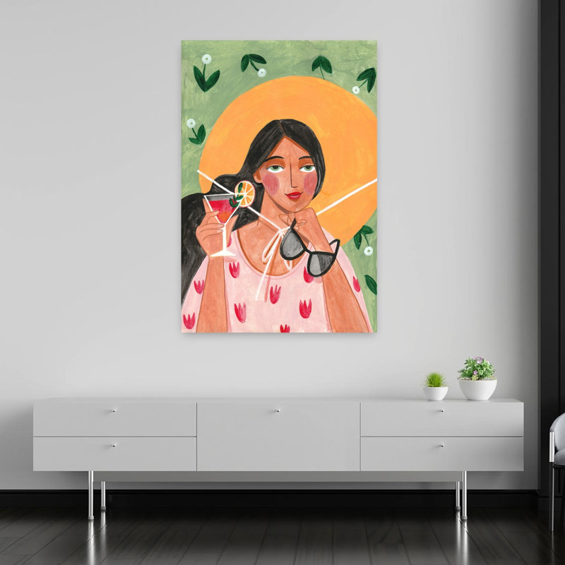 Abstract Modern Bohemian Woman With Cocktail Abstract Contemporary Flower Portrait Wall Art Print, 152.4cm H x 101.6cm W