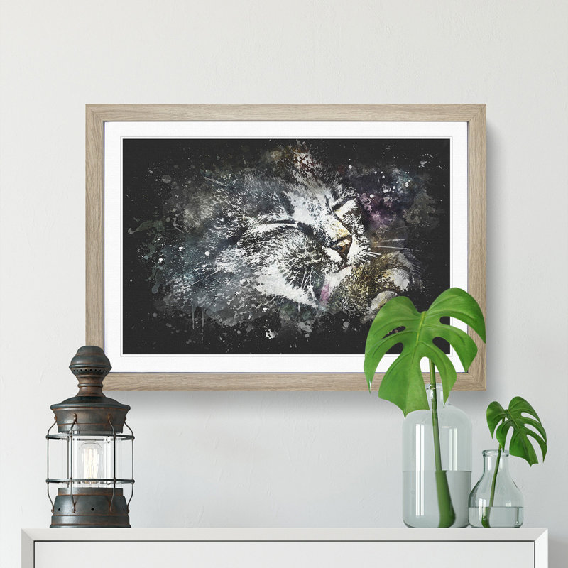 Cat Licking its Paw - Picture Frame Graphic Art Print, 24cm H x 33cm W x 2cm D, Oak Framed